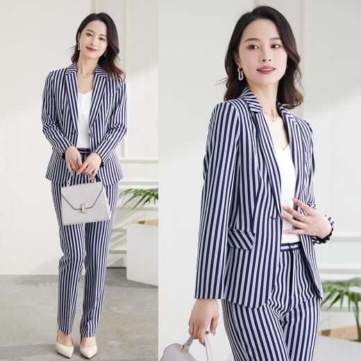 【西装+西裤】罗蒙春秋款西服套装女士商务通勤修身显瘦条纹西服两件套女 商品图6