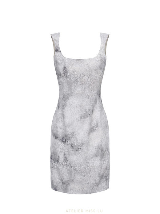 【水墨酒杯】品牌定制印花沙漏方领修身连衣裙/23000040C 商品图0