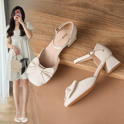 ZHR蝴蝶结包头凉鞋女2023新款夏季法式复古玛丽珍鞋一字扣带凉鞋 商品图0