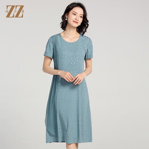 佐尔美夏季新款 提花缎桑蚕丝真丝短袖圆领小碎花连衣裙女E22LS31 商品图3