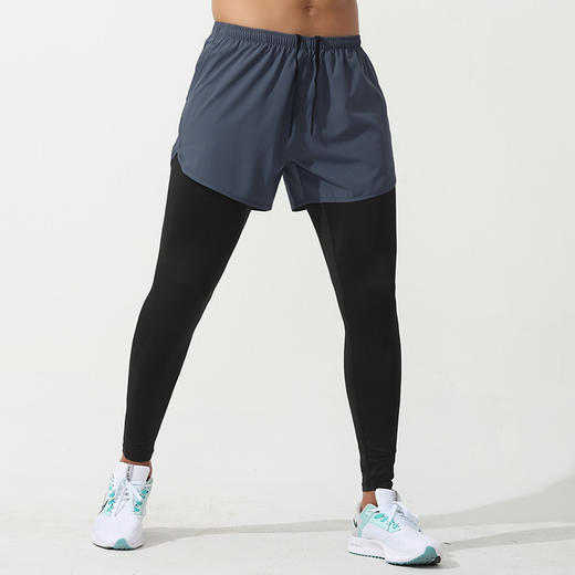 【男士假两件紧身长短裤】- 速干透气后腰口袋反光跑步运动健身长裤 商品图1