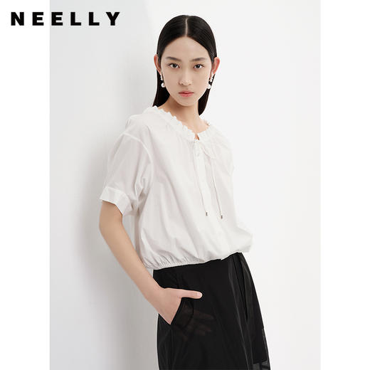 NEELLY纳俪商场同款立领抽绳衬衫女宽松休闲短袖上衣夏季新款简约N23043R01084 商品图0