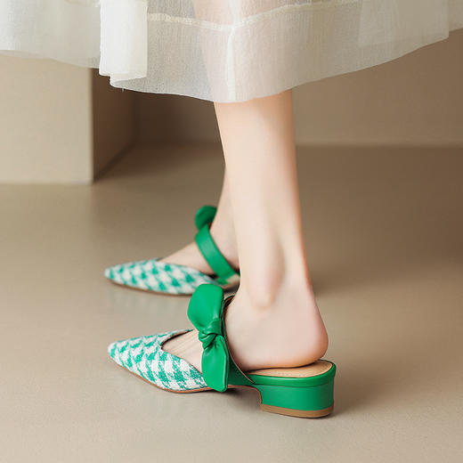 清新田园风，千鸟格纹尖头蝴蝶结拖鞋MT-ML8286 商品图1