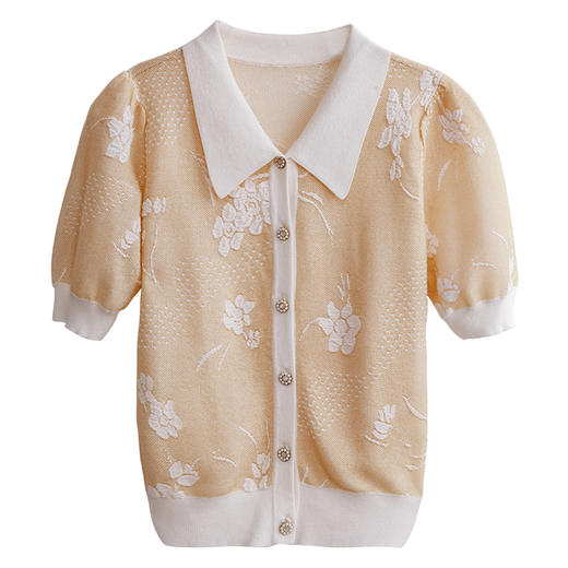 欧芮儿翻领提花针织衫女夏2021新款宽松显瘦气质优雅薄款短袖开衫 商品图3