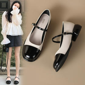 玛丽珍女鞋2023年春新款百搭气质浅口小皮鞋拼色法式小香风单鞋女