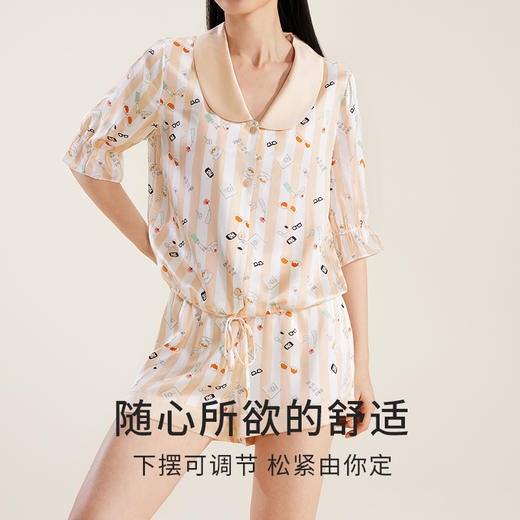 金三塔真丝 趣味条纹 短袖两件套睡衣女100%桑蚕丝印花家居服  YSFCA409 商品图3