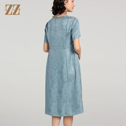 佐尔美夏季新款 花罗提花桑蚕丝真丝碎花圆领短袖连衣裙女E22LS33 商品图4