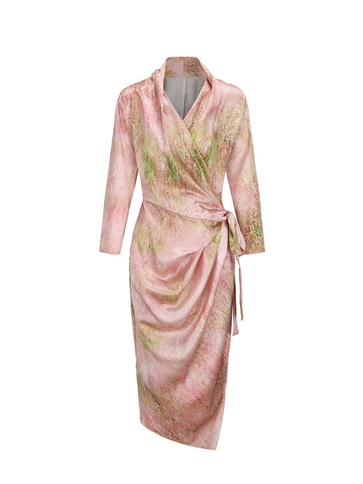 【柔雾花园】品牌定制印花桑蚕丝立裁垂褶裹身长袖连衣裙/23000047B 商品图4