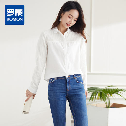 【100棉】罗蒙春夏长袖衬衫女士宽松版休闲百搭刺绣拼接纯棉衬衣女 商品图0
