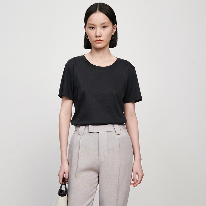 IN AND ON21316夏季新款缉线圆领小冰T恤自带凉感百搭透气上衣