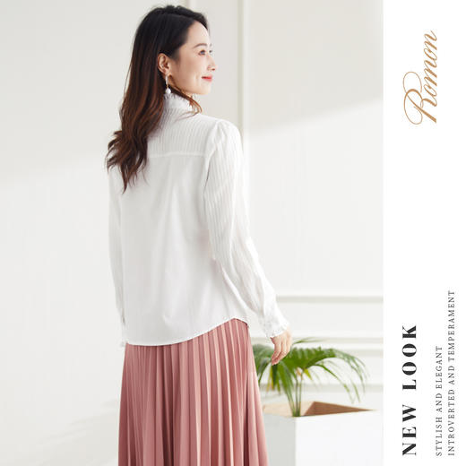 【100棉】罗蒙春夏拼接款花边立领长袖衬衫女士休闲时尚纯棉衬衣 商品图2