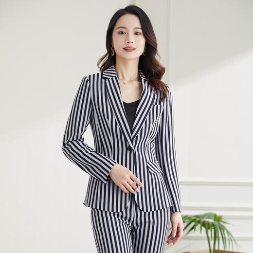 【西装+西裤】罗蒙春秋款西服套装女士商务通勤修身显瘦条纹西服两件套女 商品图1