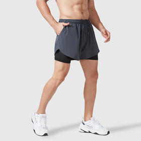 【男士假两件紧身长短裤】- 速干透气后腰口袋反光跑步运动健身长裤
