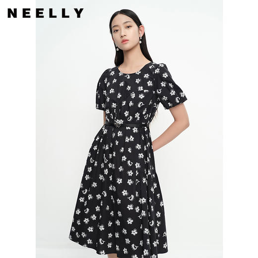 NEELLY纳俪商场同款碎花连衣裙女泡泡袖收腰A字裙中长款夏季新款N23043Y01092 商品图0