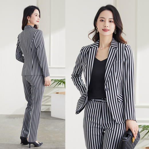 【西装+西裤】罗蒙春秋款西服套装女士商务通勤修身显瘦条纹西服两件套女 商品图8
