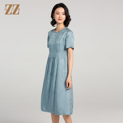 佐尔美夏季新款 花罗提花桑蚕丝真丝碎花圆领短袖连衣裙女E22LS33 商品图2
