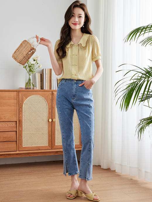 【618秒杀】熙世界醋酸混纺缎面泡泡袖衬衫女设计感蕾丝翻领小衫2025夏装新款 商品图5