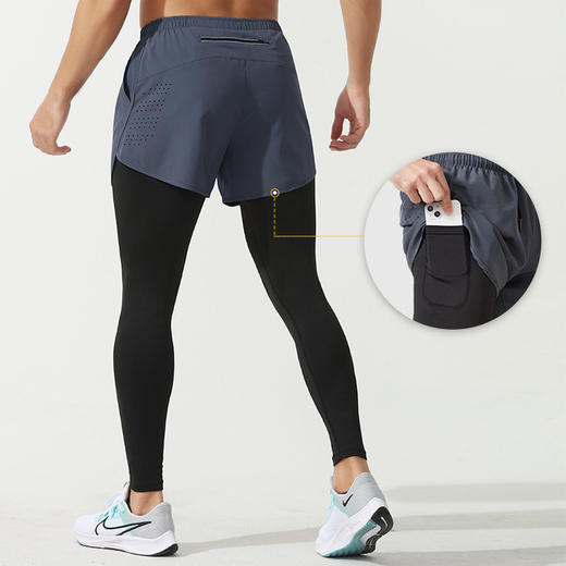 【男士假两件紧身长短裤】- 速干透气后腰口袋反光跑步运动健身长裤 商品图2