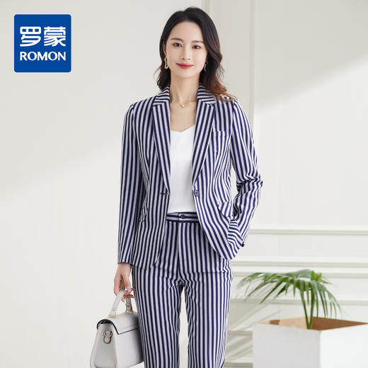 【西装+西裤】罗蒙春秋款西服套装女士商务通勤修身显瘦条纹西服两件套女 商品图0