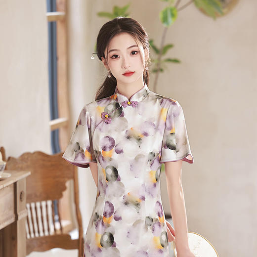 春夏新款，印花修身提花丝绸中长款旗袍XL-23133 商品图3