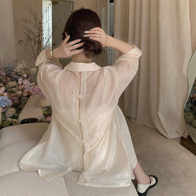 【轻薄百搭仙女新中式】法式复古POLO领露背设计感开叉纽扣衬衫显瘦长袖别致质感防晒衬衣