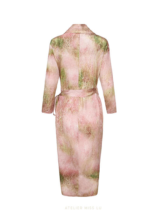 【柔雾花园】品牌定制印花桑蚕丝立裁垂褶裹身长袖连衣裙/23000047B 商品图1