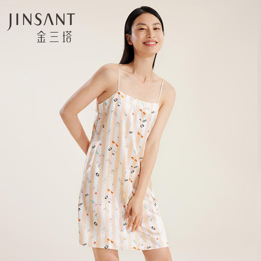 金三塔真丝 趣味条纹 吊带睡裙女100%桑蚕丝条纹印花家居服睡衣  YSFCA325 商品图0