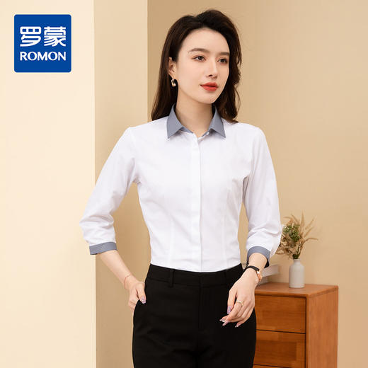 【拼色设计】罗蒙夏季短袖衬衫女士修身显瘦商务通勤撞色气质衬衣 商品图0