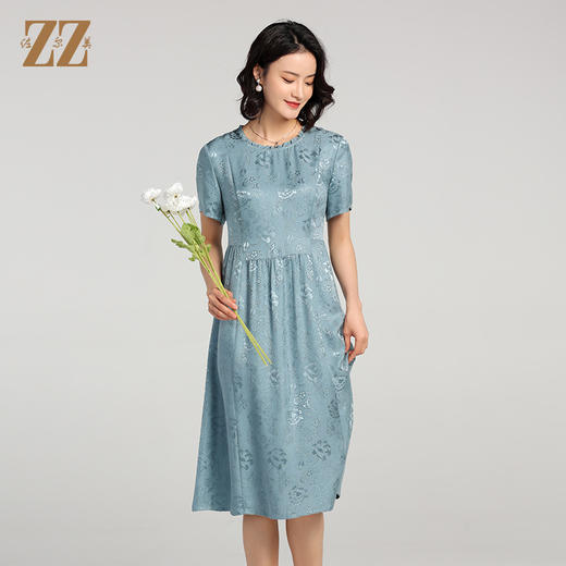 佐尔美夏季新款 花罗提花桑蚕丝真丝碎花圆领短袖连衣裙女E22LS33 商品图1