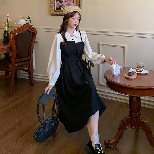 爆款秋冬假两件长袖法式连衣裙女宽松显瘦赫本风衬衫拼接背带裙子 商品图2