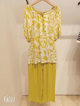 秋鹿梭织人棉贡缎印花圆领插肩短袖八分裤女套 家居服 睡衣