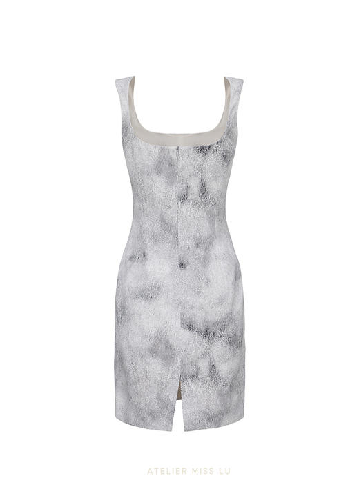 【水墨酒杯】品牌定制印花沙漏方领修身连衣裙/23000040C 商品图1