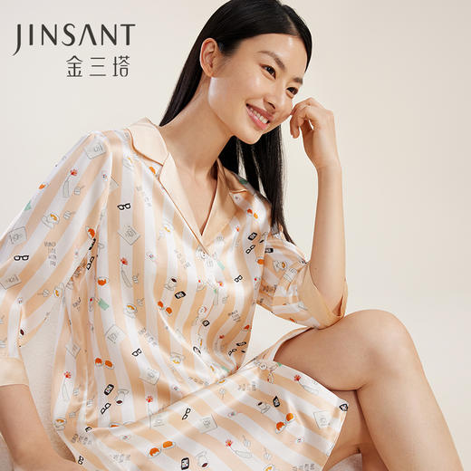 金三塔真丝 趣味条纹 睡裙女新品100%桑蚕丝条纹可外穿衬衫式睡衣  YSFCA326 商品图0