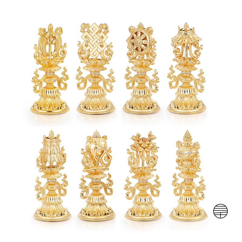 万物三千 纯铜鎏金镶嵌宝石八吉祥摆件