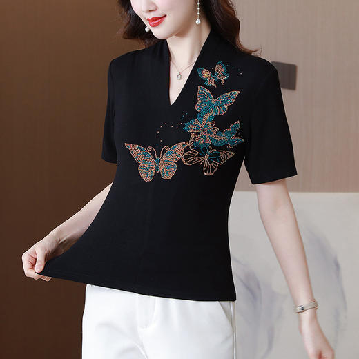 夏季新款，V领创意经典修身小众简约烫钻半袖T恤百搭大码打底衫KQL-D46M9992 商品图3