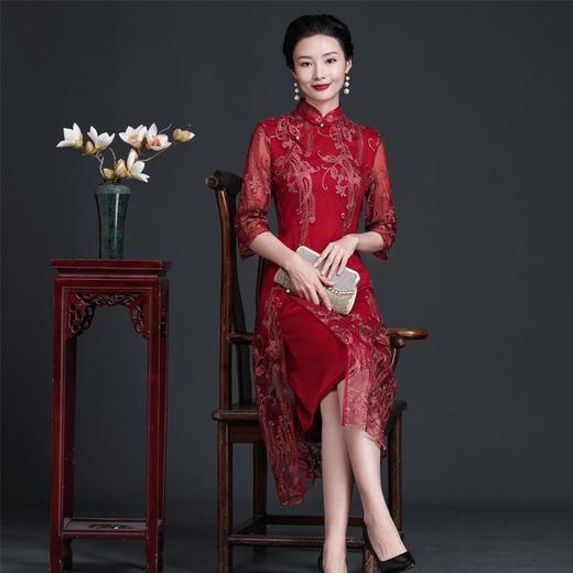 BLH2208-2喜婆婆妈妈装春季蕾丝中袖改良旗袍修身A摆 日常宴会红装礼服文艺 商品图0