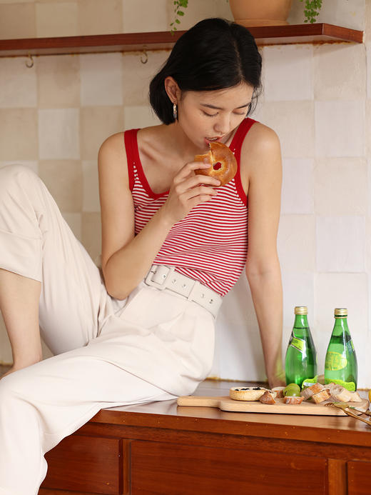 HeyDress撞色条纹吊带背心女夏季法式复古大圆领两穿短款坎肩上衣 商品图0