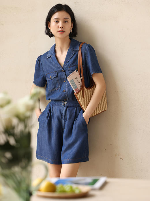 HeyDress天丝复古牛仔短袖衬衫女夏季法式古巴领衬衣休闲薄款上衣 商品图0