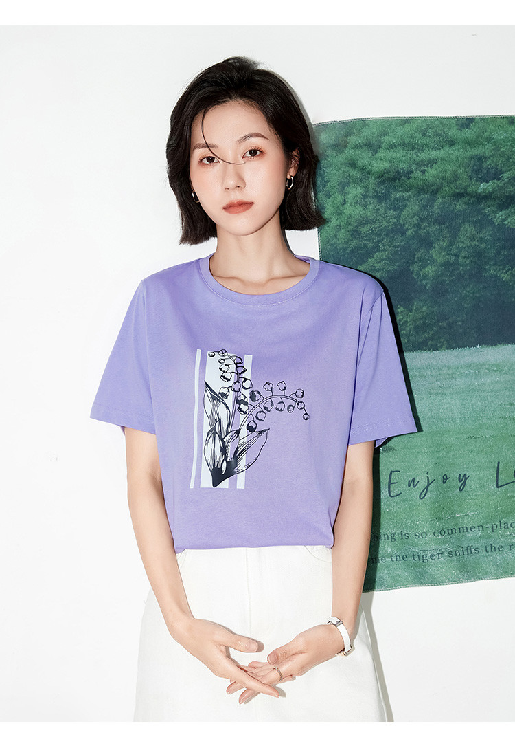 拉夏贝尔纯棉女式t恤短袖女运动上衣半袖印花打底衫女士