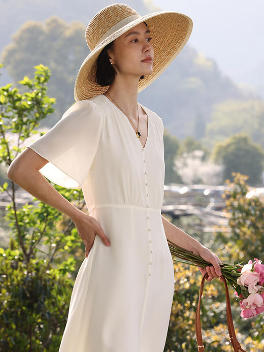 HeyDress法式V领连衣裙女夏季复古收腰开叉垂感白色气质初恋裙子 商品图2