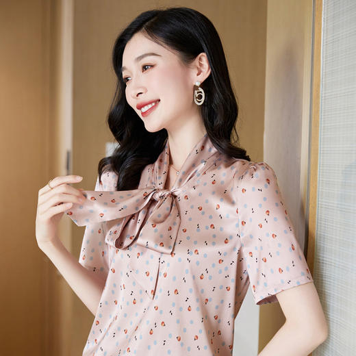真丝短袖衬衫2023新款印花蝴蝶结飘带洋气桑蚕丝小衫上衣LS-3602 商品图2