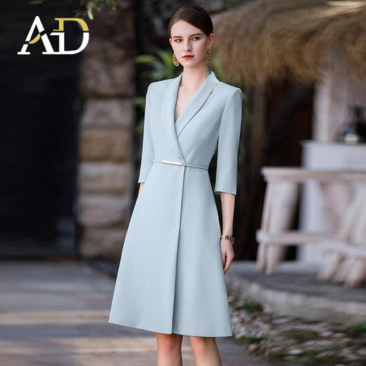 AD春夏浅绿色连衣裙女气质时尚青果领西服裙子OL通勤淑女风职业装 商品图3