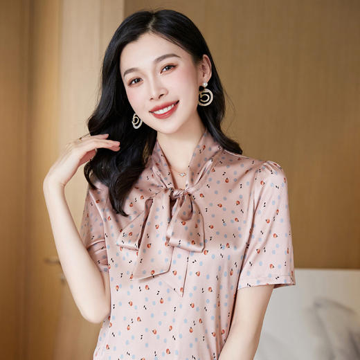 真丝短袖衬衫2023新款印花蝴蝶结飘带洋气桑蚕丝小衫上衣LS-3602 商品图4