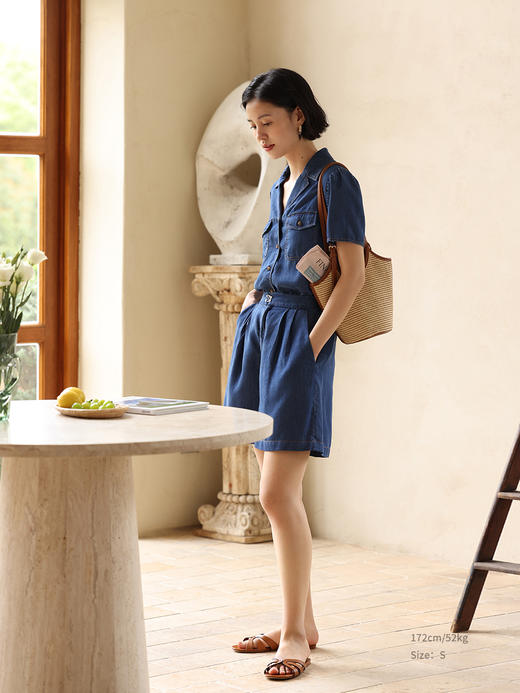 HeyDress天丝复古牛仔短袖衬衫女夏季法式古巴领衬衣休闲薄款上衣 商品图1