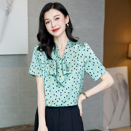 真丝短袖衬衫2023新款印花蝴蝶结飘带洋气桑蚕丝小衫上衣LS-3602 商品图1
