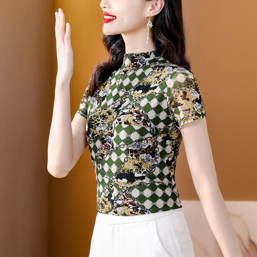 夏季新款，半高领短袖T恤女网眼弹力桑蚕丝印花打底衫上衣KQL-326H2181 商品图3