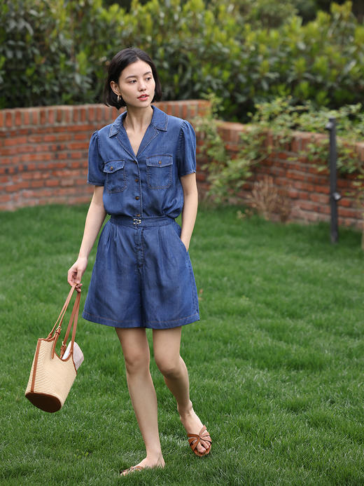 HeyDress天丝复古牛仔短袖衬衫女夏季法式古巴领衬衣休闲薄款上衣 商品图3