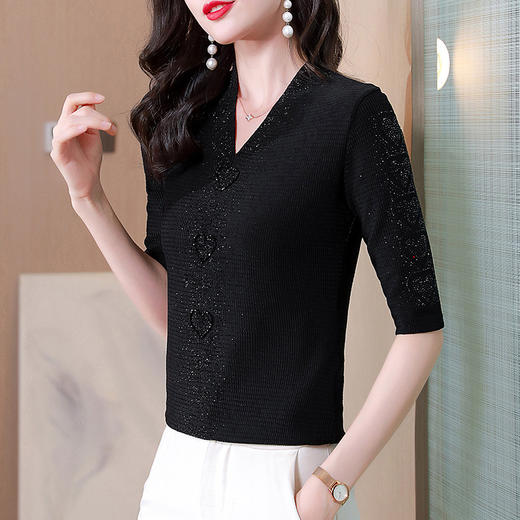 V领心型烫钻短袖T恤修身洋气显瘦打底小衫KQL-D46M9983 商品图2