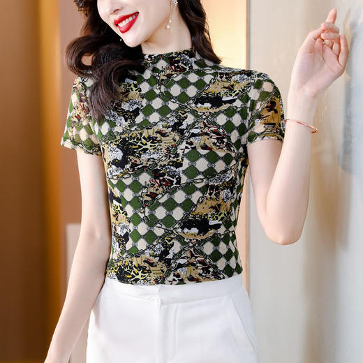夏季新款，半高领短袖T恤女网眼弹力桑蚕丝印花打底衫上衣KQL-326H2181 商品图0
