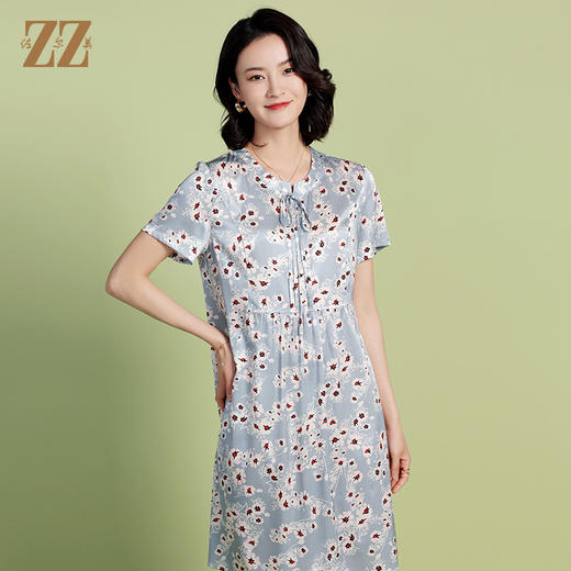 佐尔美夏季新款 弹力桑蚕丝真丝短袖碎花连衣裙女E22LS34 商品图1